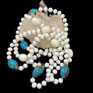 Long Vintage Trifari Venetian and Milk Glass Necklace